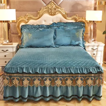 

Solid Velvet Quilted Lace Bedspread Thickend Warm Double Queen King Size Sheet Cover Embroidery Soft with Two Pillow Cases 3PCS
