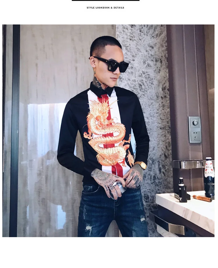 Модное платье рубашка Camisa Hombre Slim Fit рубашка Мужская Уличная с принтом дракона Мужская рубашка мужские рубашки Роскошные сплайсированные