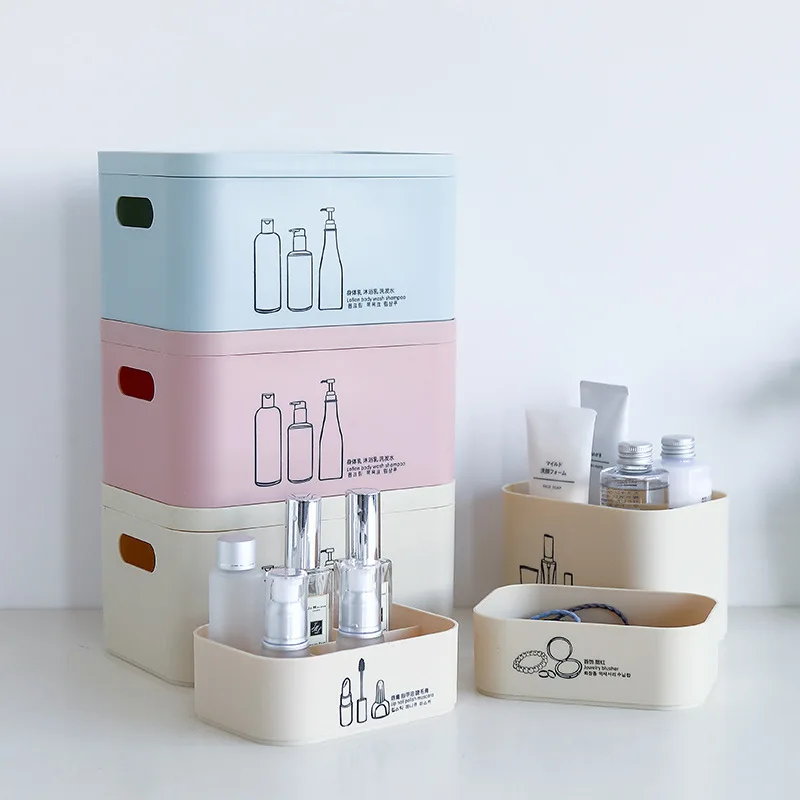 Caja de almacenamiento de plástico con tapa para cosméticos, caja de acabado con gran compartimento superpuesto para máscara, productos para el cuidado de la piel