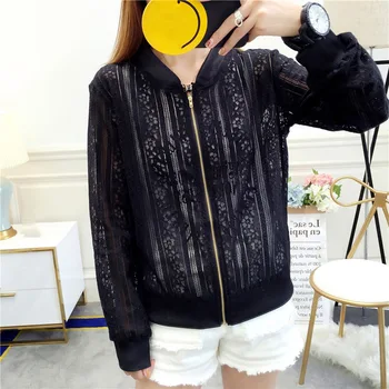 

2019 Fashion Round Neck Long-sleeved Women's Coat Simple Casual Solid Color Hollow Out Jacket New