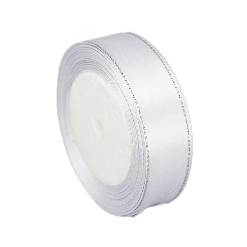 Satin Ribbon 25 Yards/roll White Silver Edge for Home Decoration DIY Christmas