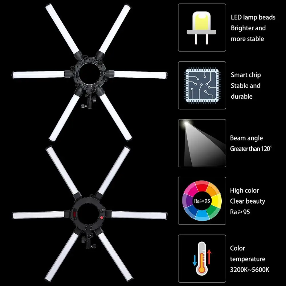 fosoto Photography Light 6 Tubes 672Pcs LED Video Light 120W Multimedia Extreme Star Lamp With Tripod For Phone Camera Youtube