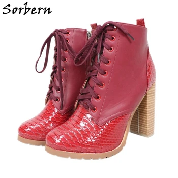 

Sorbern Retro Red Ankle Boots Women Boots Block High Heels Rubber Sole Short Ladies Booties Plus Size 15 Chunky Heeled Custom