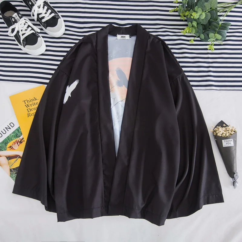 

2019 Summer Wear Retro Japanese-style Harajuku Wind Three-quarter-length Sleeve Kimono Robes Loose-Fit Couples Mantle Coat