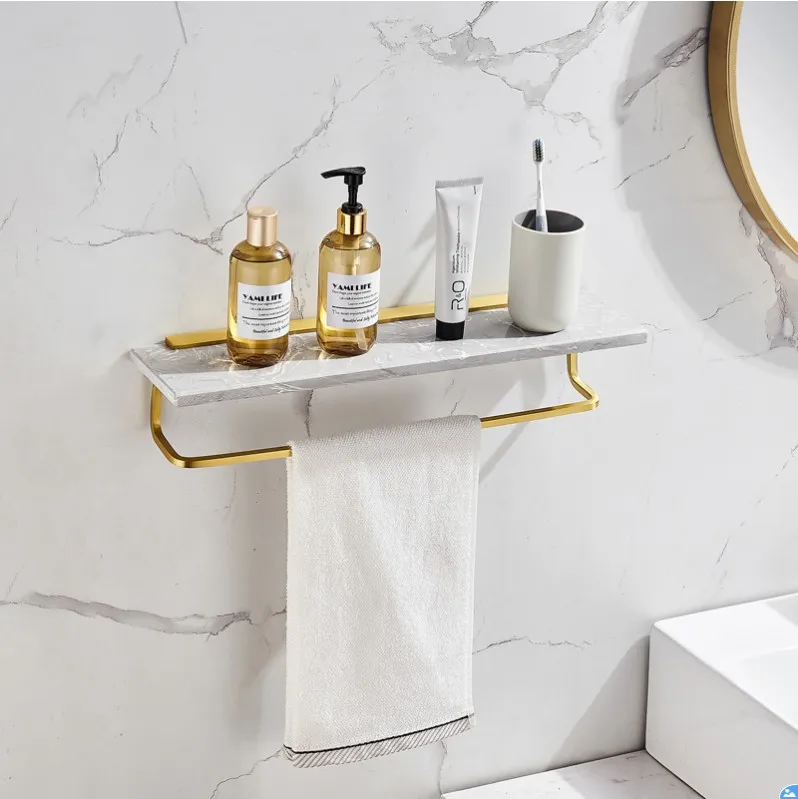 Bathroom Accessories Set Brushed Gold Bathroom Shelf Marble and Brass