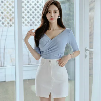 

Summer V-Neck Half Sleeve Blue Knit Top Shirt Mini Bodycon White Skirt Two Piece Women's Suit Dress