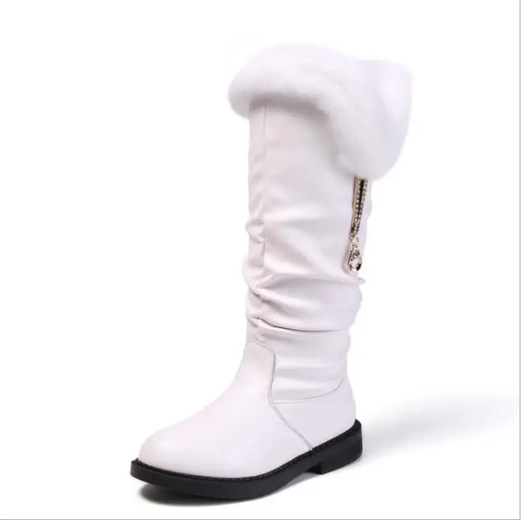 winter new high snow boots girls big children plus velvet genuine leather rabbit hair children's boots - Color: Ivory