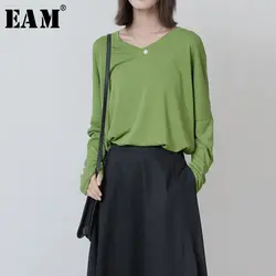 [EAM] Женская свободная повседневная футболка большого размера с v-образным вырезом, с длинным рукавом, модная универсальная, весна-осень 2019