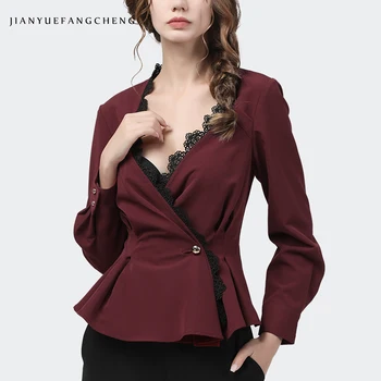 

Scheming Women Tops Sexy Deep V-neck Long Sleeve High Waist Slimming Elegant Office Ladies Shirts 2020 Autumn New Wine Red Tops