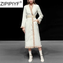 Дизайн зимнее модное женское однобортное пальто с v-образным вырезом и оборками длинное шерстяное жаккардовое пальто C2139