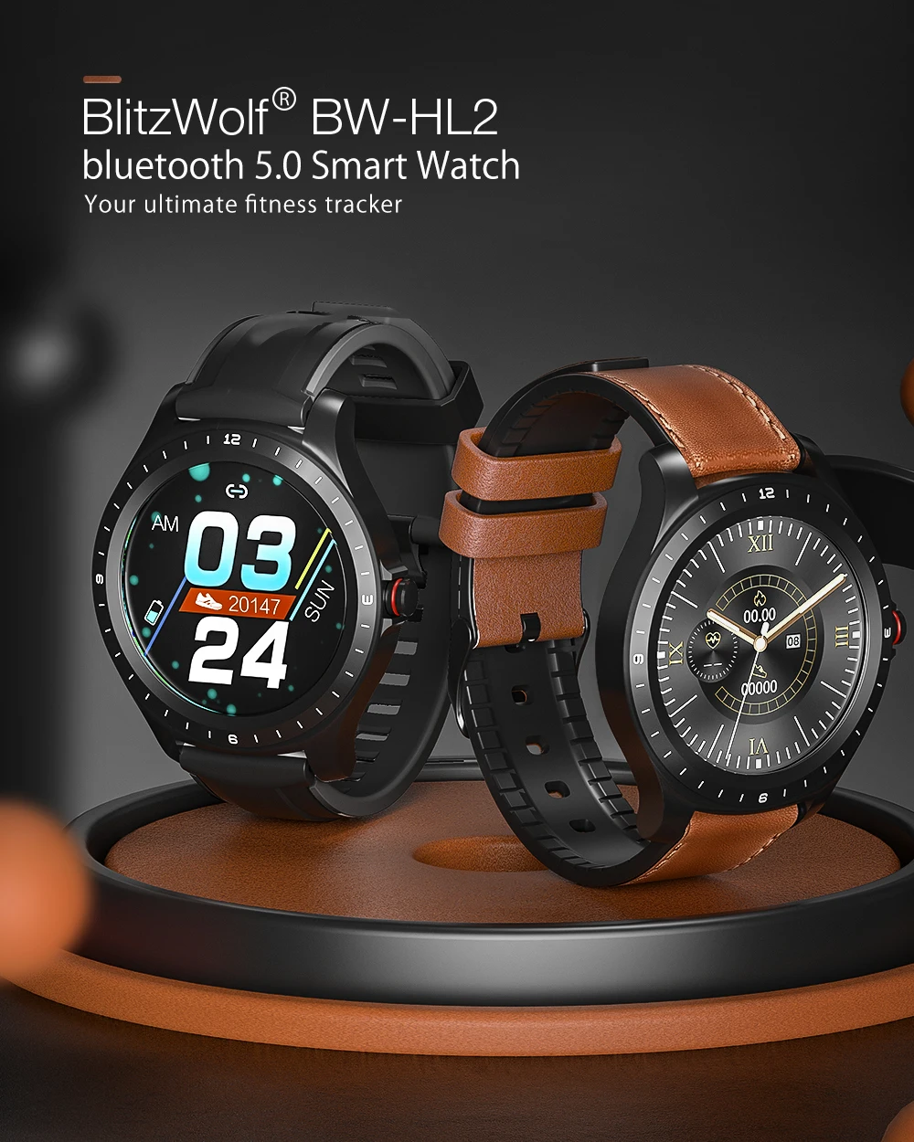 [Bluetooth 5.0] BlitzWolf BW-HL2 Smart Watch 1.3 'Полный Круглый Сенсорный Экран Монитор Сердечного ритма Артериального Давления O2 IP68 Водонепроницаемый Мужчины Женщины Мода Бизнес Smartwatch Фитнес-Трекер Браслет Гр