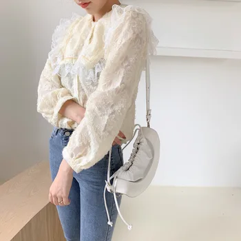 

Lace Ruffle Blouse Women's 2020 Spring and Summer Fashion Flounced Shirt White black Long-sleeved O-Neck Tops