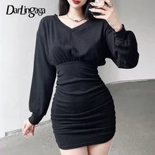 

Darlingaga Korean Fashion Long Sleeve Ruched Bodycon Black Dress Spring Solid Basic Shirring Casual Women's Dresses Mini Clothes
