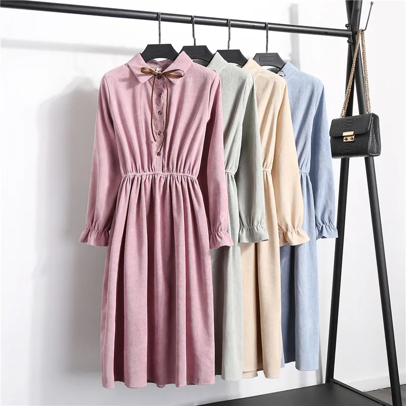Осенне зимнее платье S XL однотонное Vestidos Mujer винтажное эластичное вельветовое