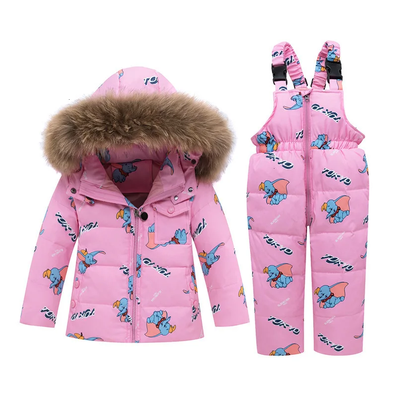 Kids Winter Down Parkas New Girls Ski Suits Cotton Cartoon Thick Warm Hoodies+bib Pants 2pcs Outfits For Boys Children Snowsuit