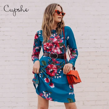 

CUPSHE Floral Print Long Sleeve Dress Women Round Neck Long Sleeve Short Dress 2020 Spring Elegant Dresses