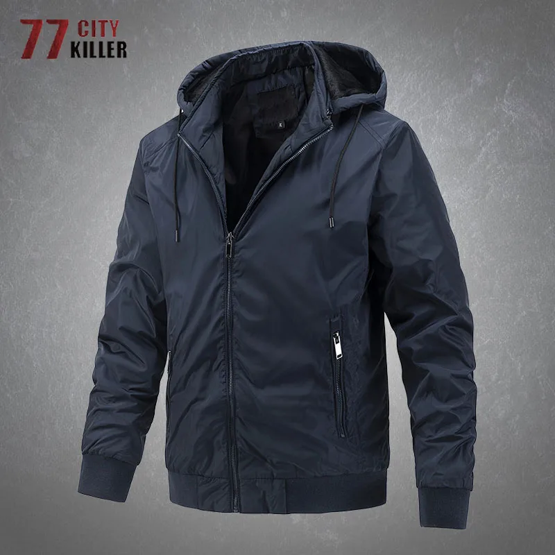 

Spring Autumn Hooded Jacket Mens Tactical Commute Bomber Casual Solid Color Loose Zipper Sports Overcoats Male Chaquetas Hombre