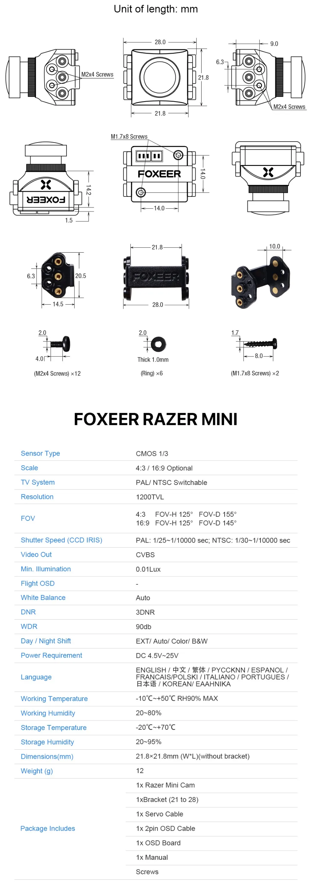 Foxeer razer Mini HD 5MP 2,1 мм M12 1200TVL PAL NTSC 4'3 16'9 FPV камера с OSD 4,5-25 V естественное изображение для обновления стрел RC