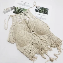 Лето, хит, Пляжная вязаная крючком женская сексуальная майка с кисточками на шее, Женская Праздничная пляжная майка