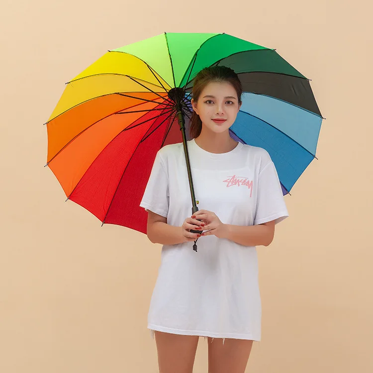 

Manufacturers Wholesale 16K Creative Straight Pole Rainbow Umbrella Creative Long Brush Holder Automatic Umbrella Customizable A