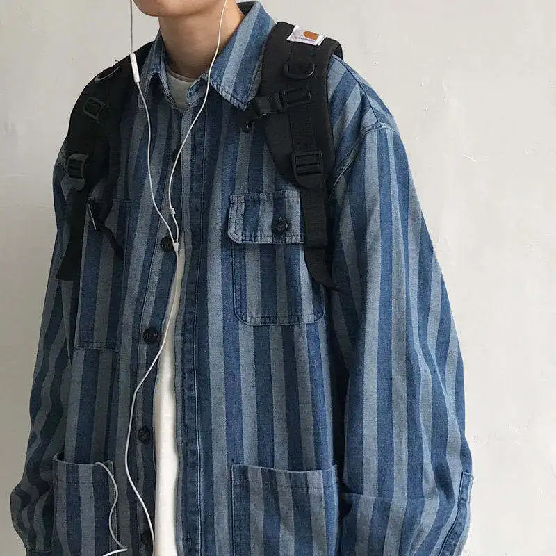 Striped multi-pocket denim shirt jacket 2021 spring and autumn men's tooling all-match loose collar jacket Mens Jean Coat