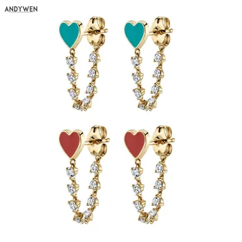 

ANDYWEN 925 Sterling Silver Enamel Red Chains Stud Earring Luxury Heart Women Cute Earring Rock Punk Youth Jewelry Best Gift