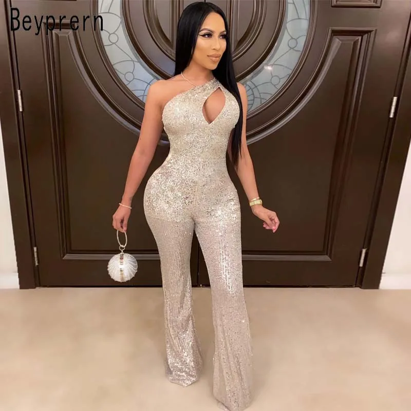 Beyprern Glam каплевидный Блестящий Комбинезон, женские комбинезоны без рукавов на одно плечо с вырезами, комбинезон с блестками, одежда для особых случаев