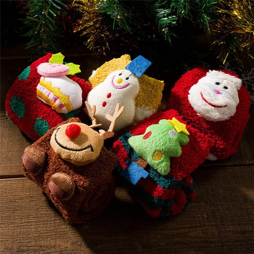 Рождественские детские носки для маленьких мальчиков и девочек из флиса, зимний, теплый, полосатый, в горошек, с рисунком лося Санта Клаус Рождественская елка Снеговик с аппликациями героев мультфильмов носки A20