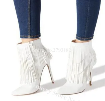 

New Design Women Fashion Pointed Toe Suede Leather Stiletto Heel Short Tassels Boots White Black Fringes Ankle Booties Heels