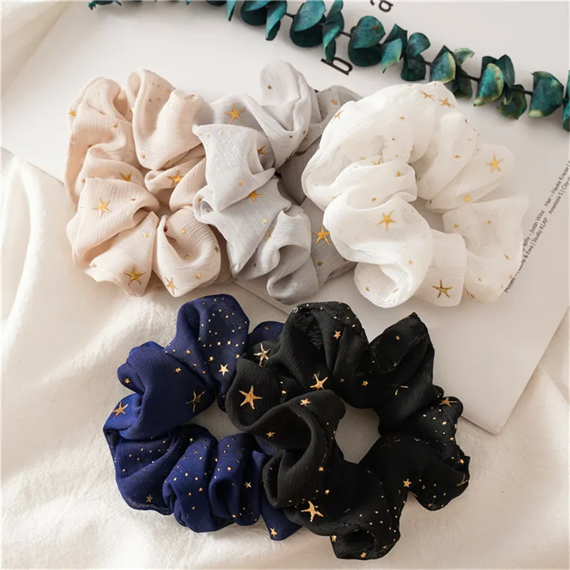 

INS New Star Print Chiffon Large Intestine Ring Hair Rope Headdress Girls Sweet Wild Elastic Hair Ties Rope Ponytail Holder 1 PC