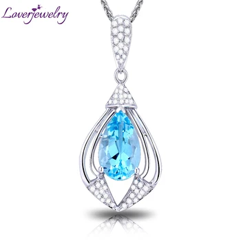 

LOVERJEWELRY Fantasy Pendant Solid 18Kt White Gold Natural Gorgeous Blue Topaz Diamonds Wedding Pendant Without Necklace Chain