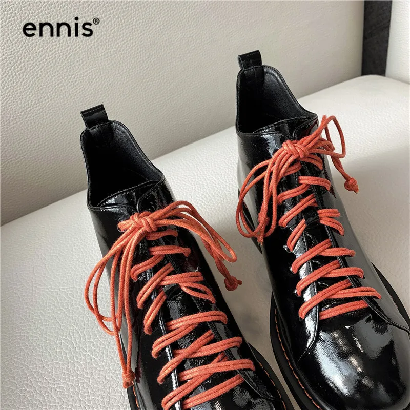ENNIS/ г.; дизайнерские ботинки на платформе; обувь martin; женские ботильоны из лакированной кожи; осенние ботинки из натуральной кожи черного цвета на шнуровке; обувь на плоской подошве; A9194
