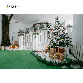 

Laeacco Christmas Tree Stairs Pine Branch Green Carpet Photography Backdrops Photographic Backgrounds New Year Party Photophone