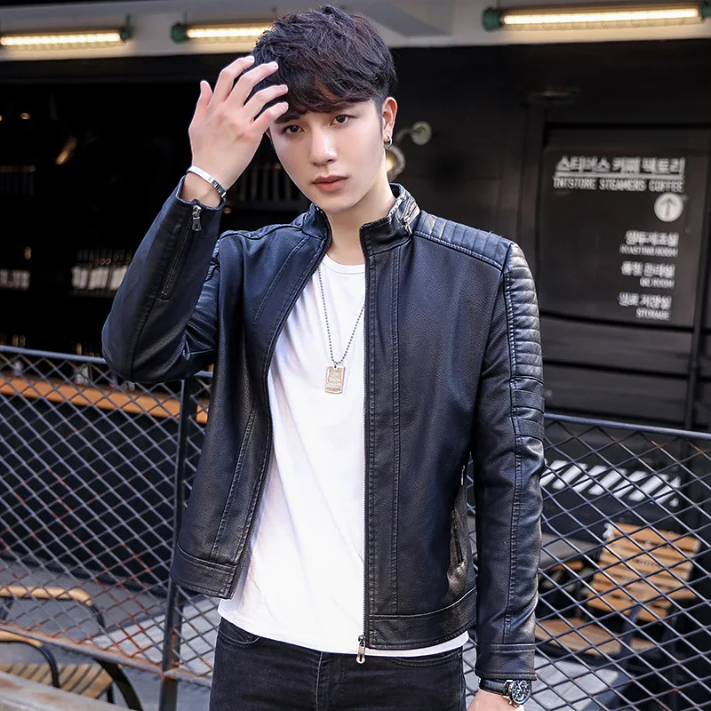 

2017 Autumn And Winter New Style Men Jacket plus Velvet Jacket up Leather Short Slim Fit Locomotive MEN'S Leather Coat Casual Me