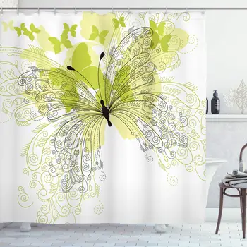 

Flower Shower Curtain, Arrtistic Ornate Butterflies Spring Park Romantic Love Anniversary, Cloth Fabric Bathroom Decor Set with