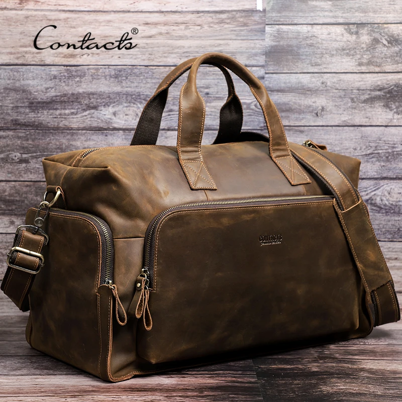 CONTACT'S Vintage Genuine Leather Luggage Bag Men Business Travel Bags