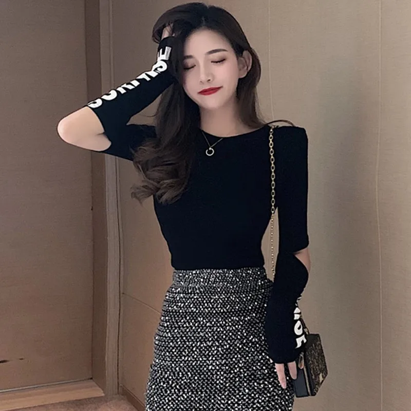 

Fashion Hole T-shirt Women Casual Letter Print T-shirts Spring Autumn Round Neck Long-sleeve Tee Tops