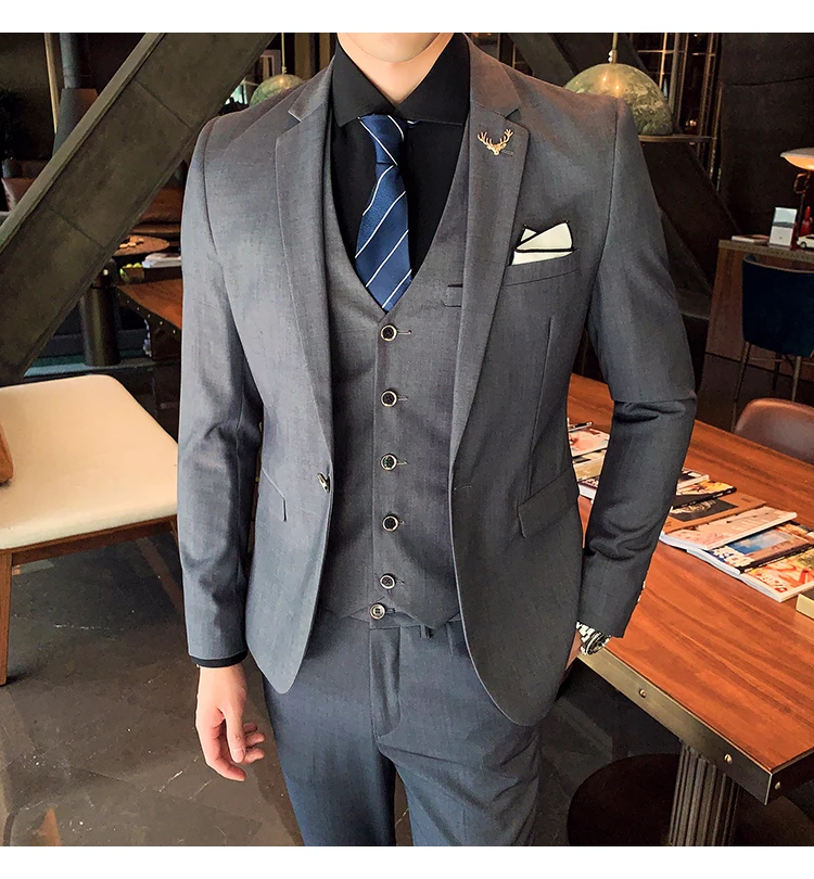 Сплошной цвет slim fit мужской костюм из 3 предметов свадебное платье мужской повседневный деловой пиджак Свадебный Выпускной костюм жениха одежда смокинг