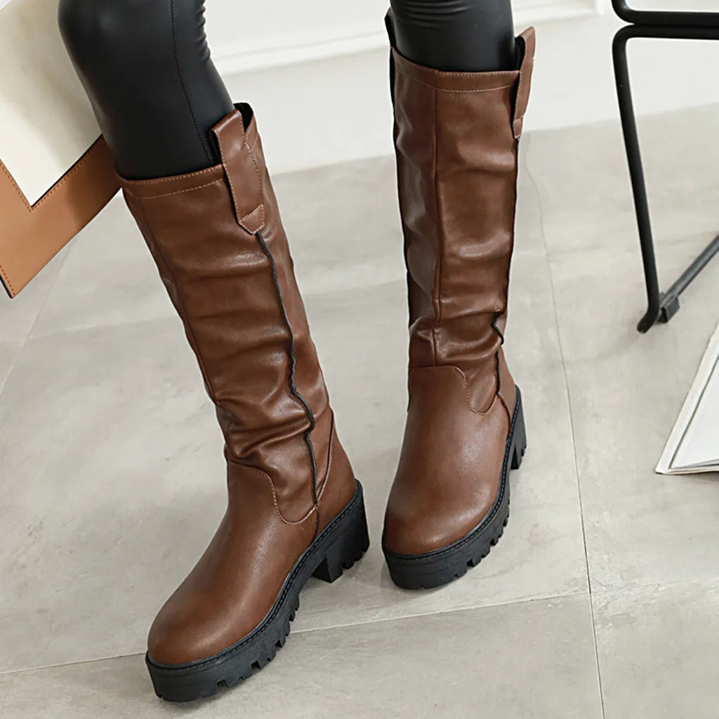 

SAGACE 2019 Fashion Solid Knee High Boots Autumn Winter Double Buckle Women Riding Motorcycle Boots Thick Heel Women Shoes