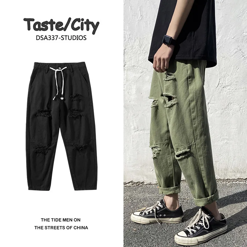 ICCLEK Black Ripped Jeans Men's Loose Hip-hop Pants Straight-leg Pants Patchwork Jeans  Baggy Jeans  Black Jeans Men