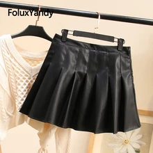 Трапециевидная юбка из искусственной кожи, черная, плюс размер, Женская Повседневная тонкая мини плиссированная юбка KKFY4297