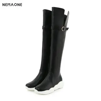 

NEMAONE Women flat platform shoes woman over the Knee High Boots Woman buckle casual motorcycle Boots woman large Size 34-43
