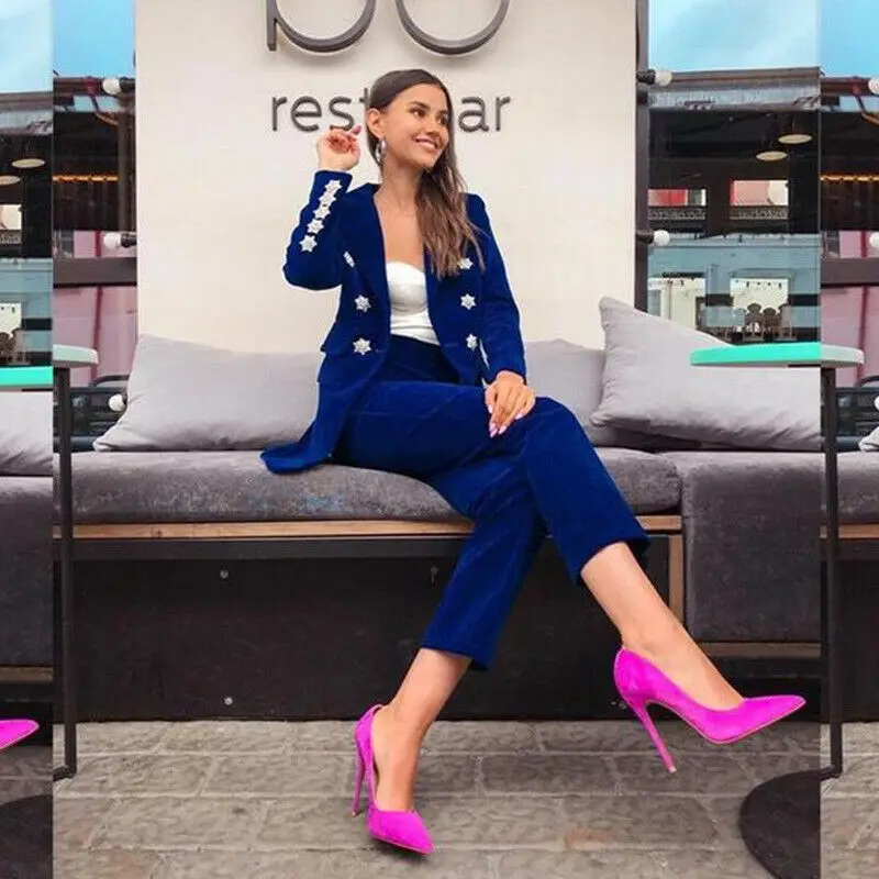 Tesco Royal Blue Velvet Formal Work Suit For Women Slim V Neck Ladies Blazers 2 Piece Fashion Women's Pants Sets conjuntos de ca