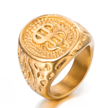

Gold $ Money Cash Dollar Sign Mens Boys Stainless Steel Ring Hip hop Jewelry Size 8-14