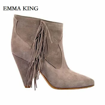 

Autumn and Winter Women Tassels Suede Ankle Boots Western Cowboy Boots Cossacks High Heels Cowgirl Booties Ankle Botas Shoes