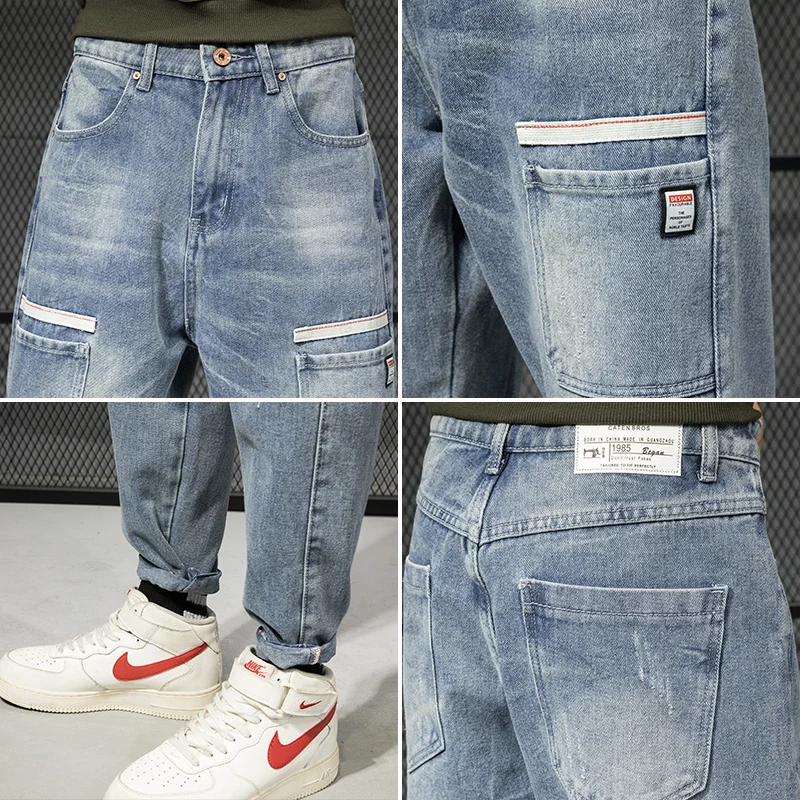 Promotion Korean Style Fashion Men Jeans Light Blue Loose Fit Big Pocket Cargo Pants Size 28-42 Streetwear Hip Hop Jeans Men Harem Pants