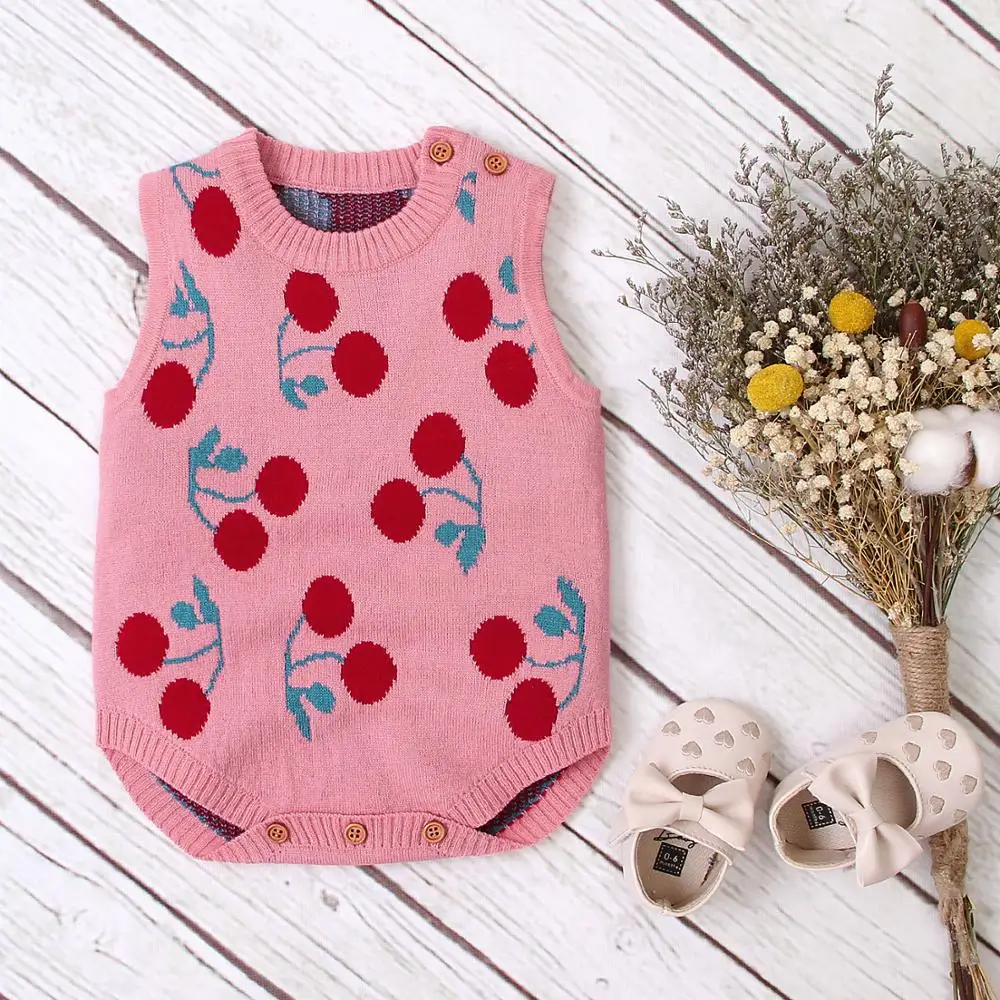 

Baby Girls Kids Sleeveless Bodysuits Jumpsits Funny Cherry Knitted Newborn Onesie Outfits Playsuits 0-24M Toddler Child Clothing