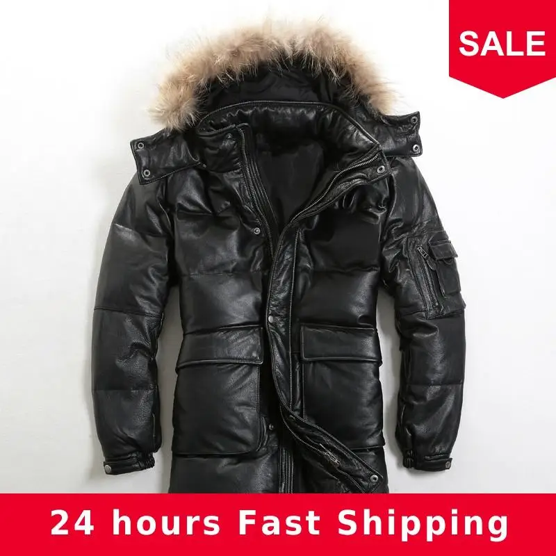 

2020 Black Men Long Hood Casual Leather Down Jacket Goose Feather Genuine Cowhide Thick Russia Winter Down Coat