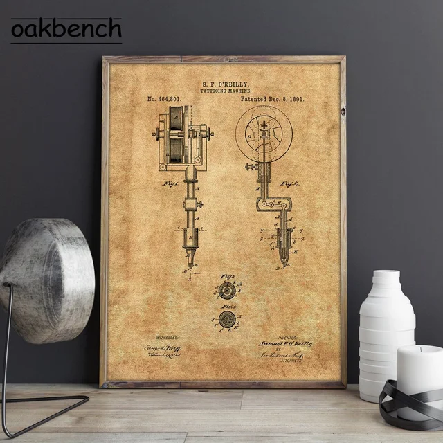 Tattoo Parlor Wall Art Canvas Painting First Tattoo Machine Patent Prints Vintage Blueprint Posters Wall Picture Home Decoration A