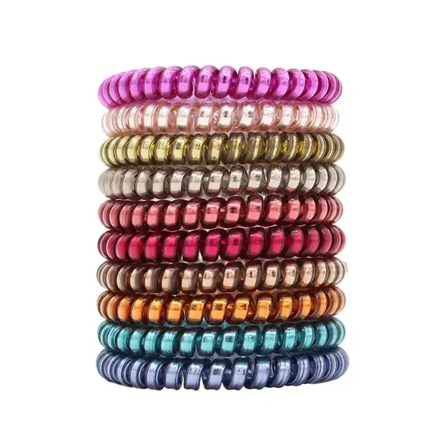 10pcs Top Fashion Ice Cream Colorful Spiral Spin Screw Telephone Wire Hair Ties Pearly Premium Plastic Rubbers Ponytails F